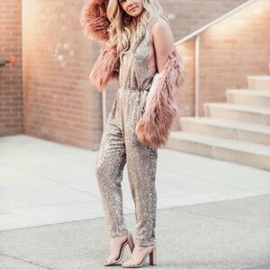 Free People Sequin Champagne jumpsuit, size small